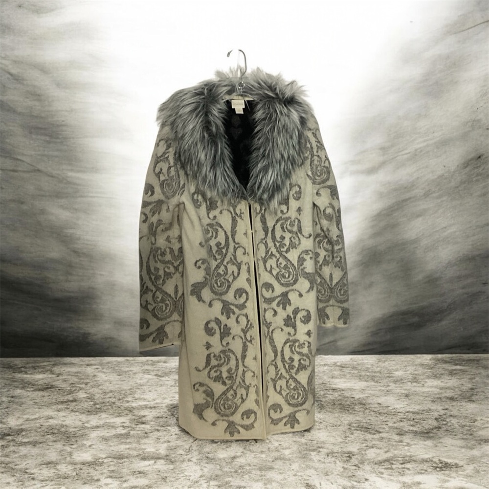 Long Cardigan Sz 8-10 Textured Wool Faux Fur Collar Festival Glam Event Mob Wife